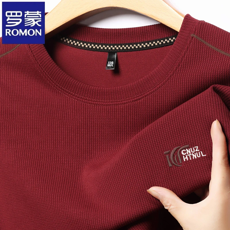 罗蒙时尚圆领长袖纯色T恤春秋季中青年喜庆红色百搭男士打底上衣