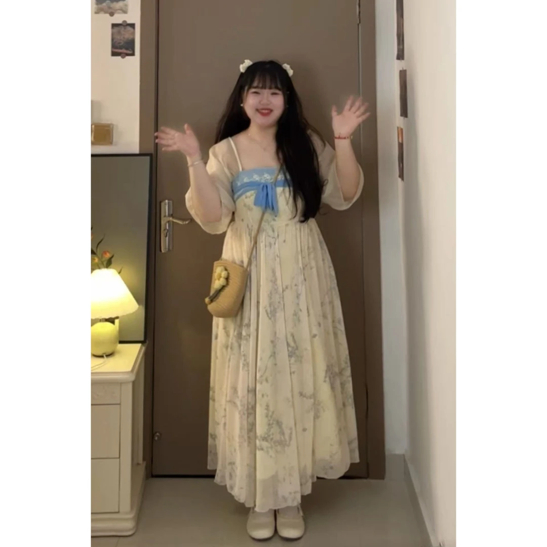 新中式刺绣改良汉服连衣裙女大码显瘦遮肚气质绝美国风裙子2861