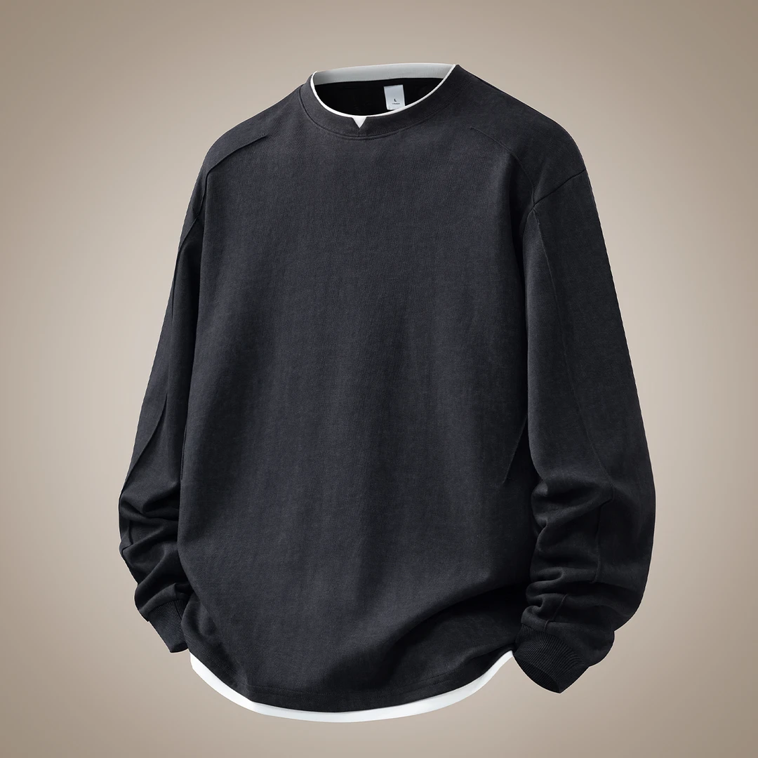 号志HAOZHI假两件黑色长袖卫衣男士秋冬新款宽松圆领套头内搭上衣