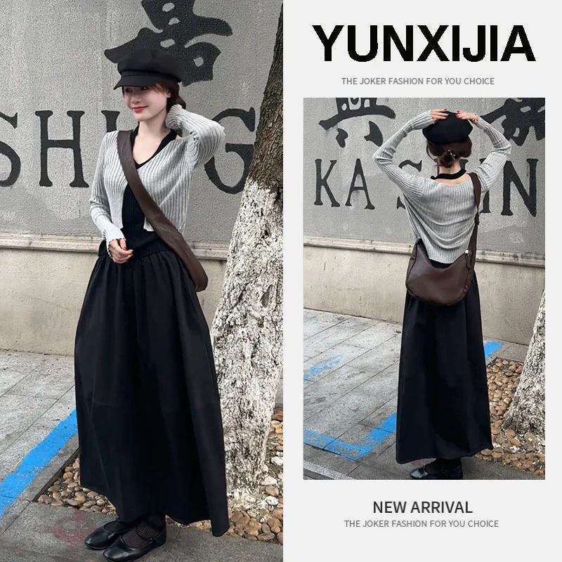 2025秋季新款时尚洋气简约气质显瘦假两件上衣半身裙两件套