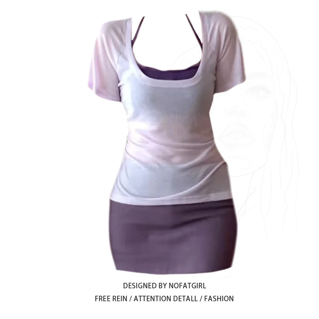 大码胖MM烟凝暮色纯欲风微透T恤罩衫修身显瘦半裙内搭美背套装夏