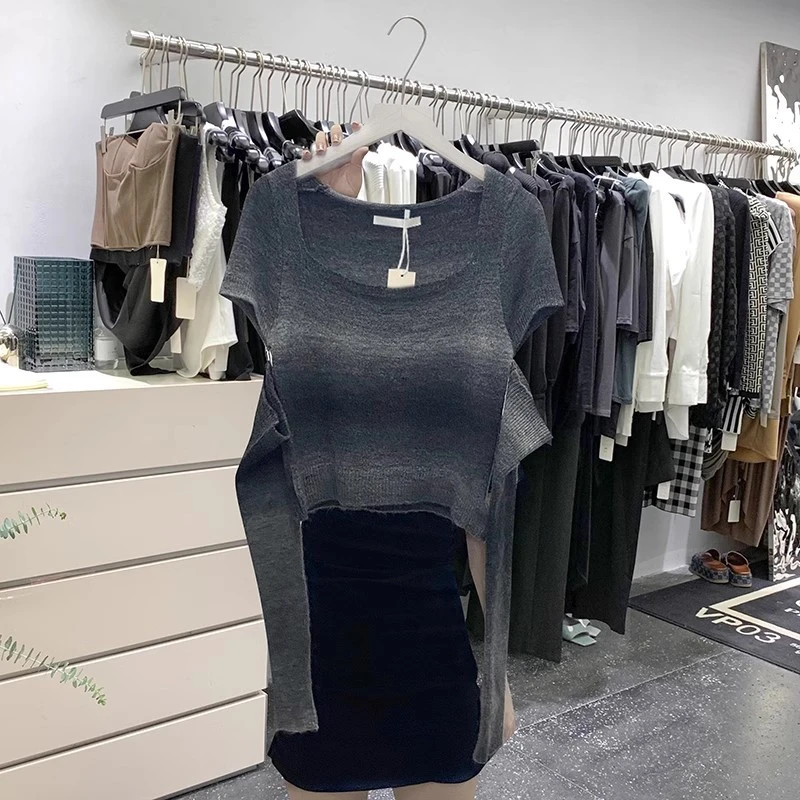 【清仓】辣妹风韩版上衣小众设计高级感渐变显瘦拼接长袖针织衫测款