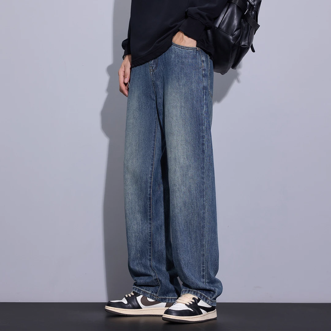 Kuvine2025秋季新款美式高街复古做旧水洗百搭宽松直筒牛仔裤男士