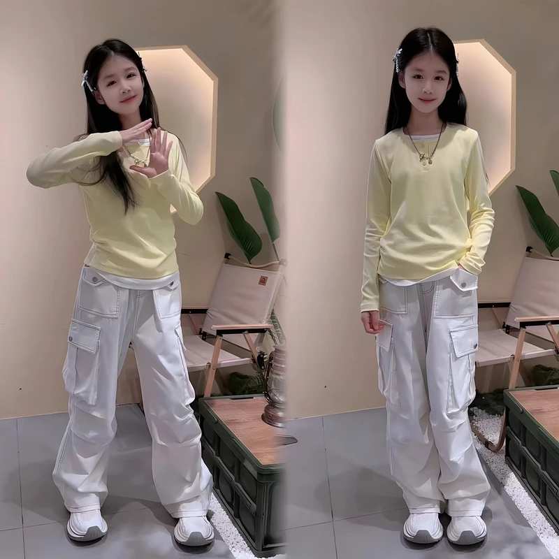 女童春秋工装裤套装宽松中大童新款韩版假两件打底衫+裤子两件套8