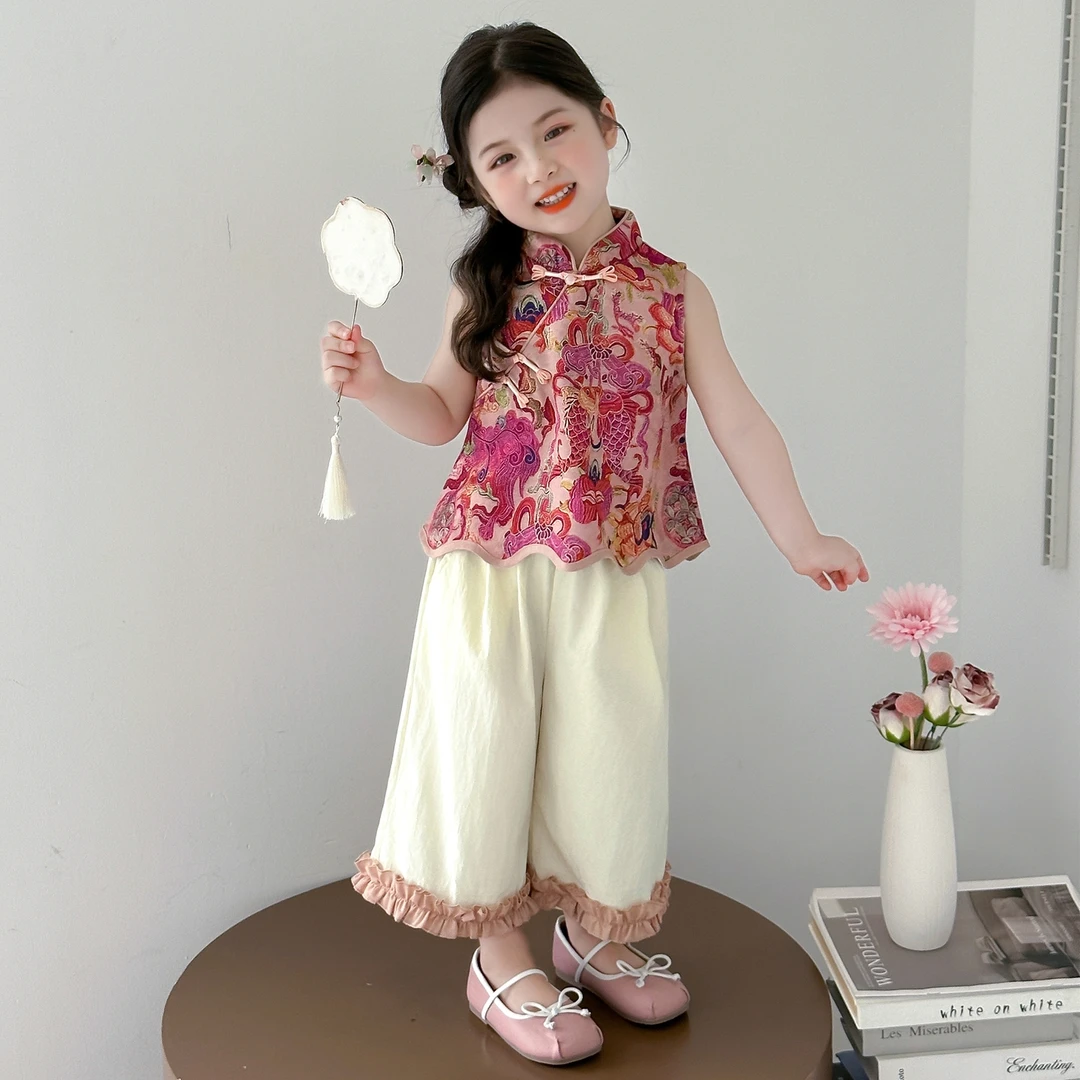 女童夏季国风套装洋气儿童唐装女宝宝中式无袖两件套女孩夏装薄款