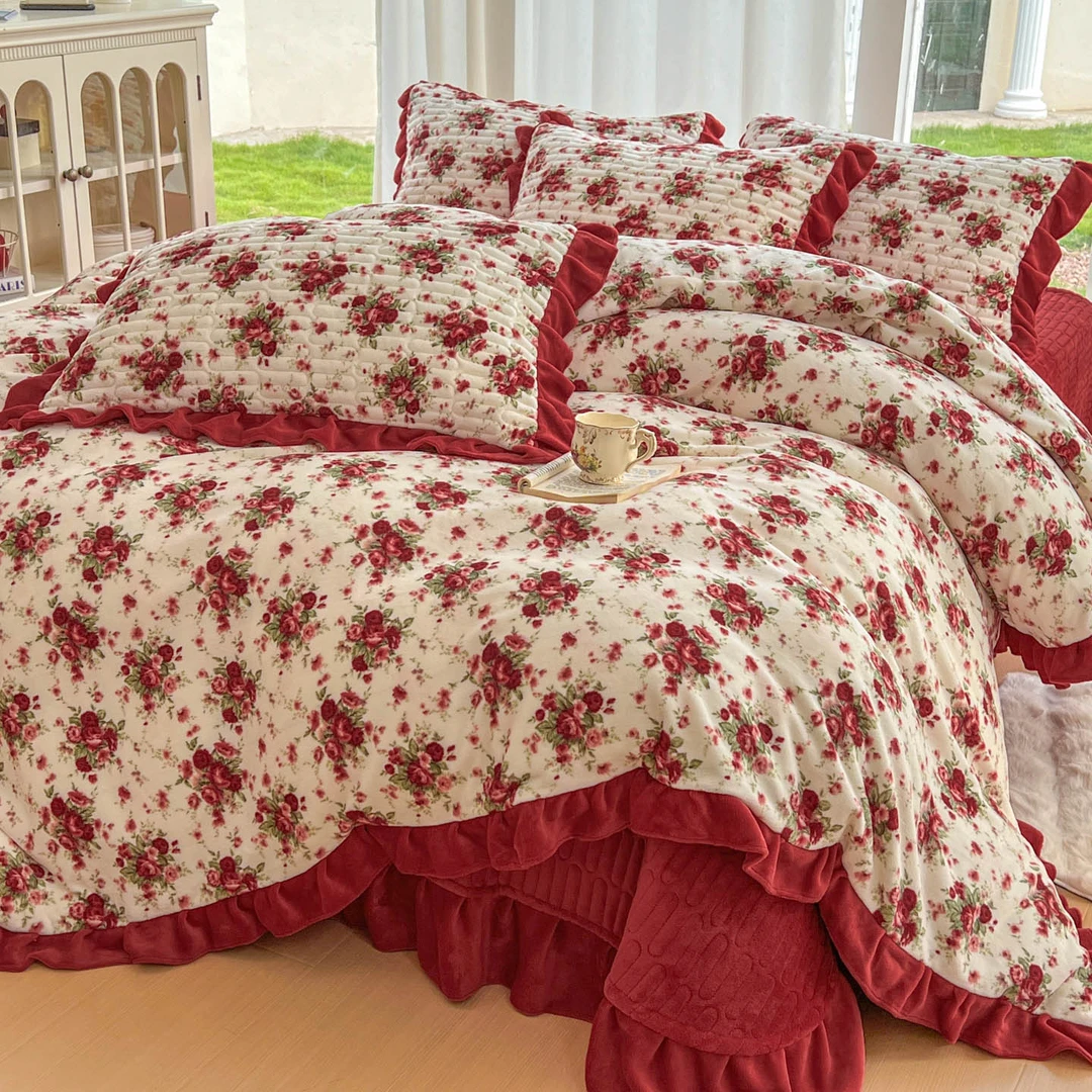独家定制版大花边加厚牛奶绒床盖被套四件套加绒夹棉绒被欧式双层