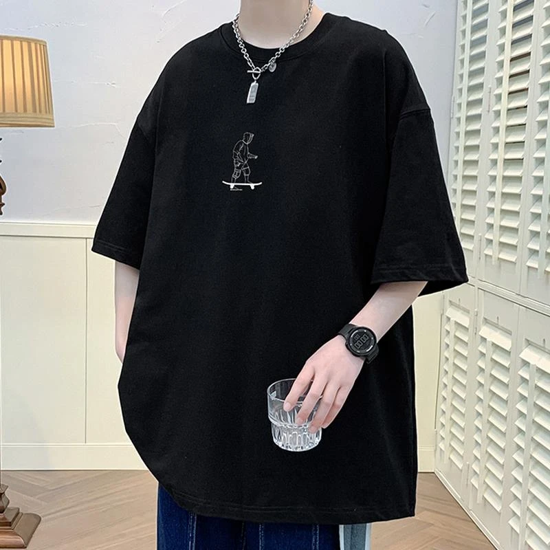 啄木鸟重磅短袖T恤男夏季宽松港风上衣服凉感透气青少年五分袖男t