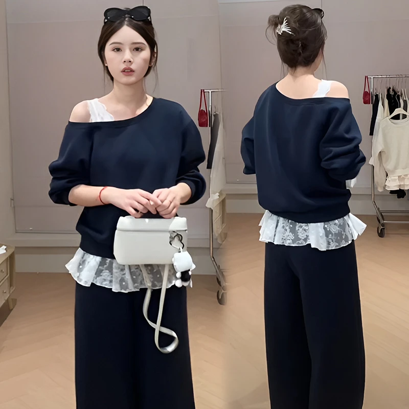 韩系春秋时尚搭配一整套斜肩卫衣辣妹休闲氛围感高级感裤子两件套