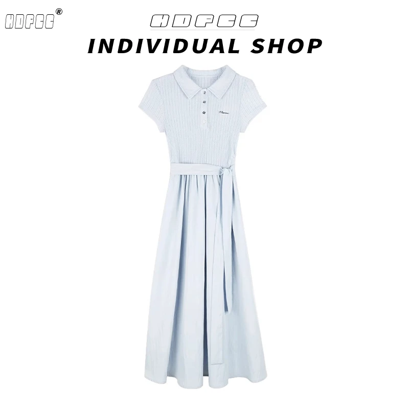 夏季新款气质设计感独特漂亮连衣裙蓝色修身收腰假两件短袖长裙子