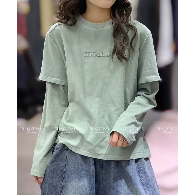 2025韩版宽松百搭圆领T恤上衣女休闲显瘦简约套头设计感打底衫ins