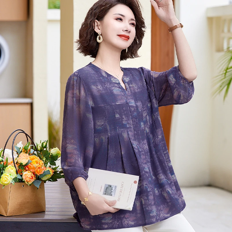 中老年女装春夏新款上衣宽松大码雪纺衫T恤妈妈装七分袖小衫套装