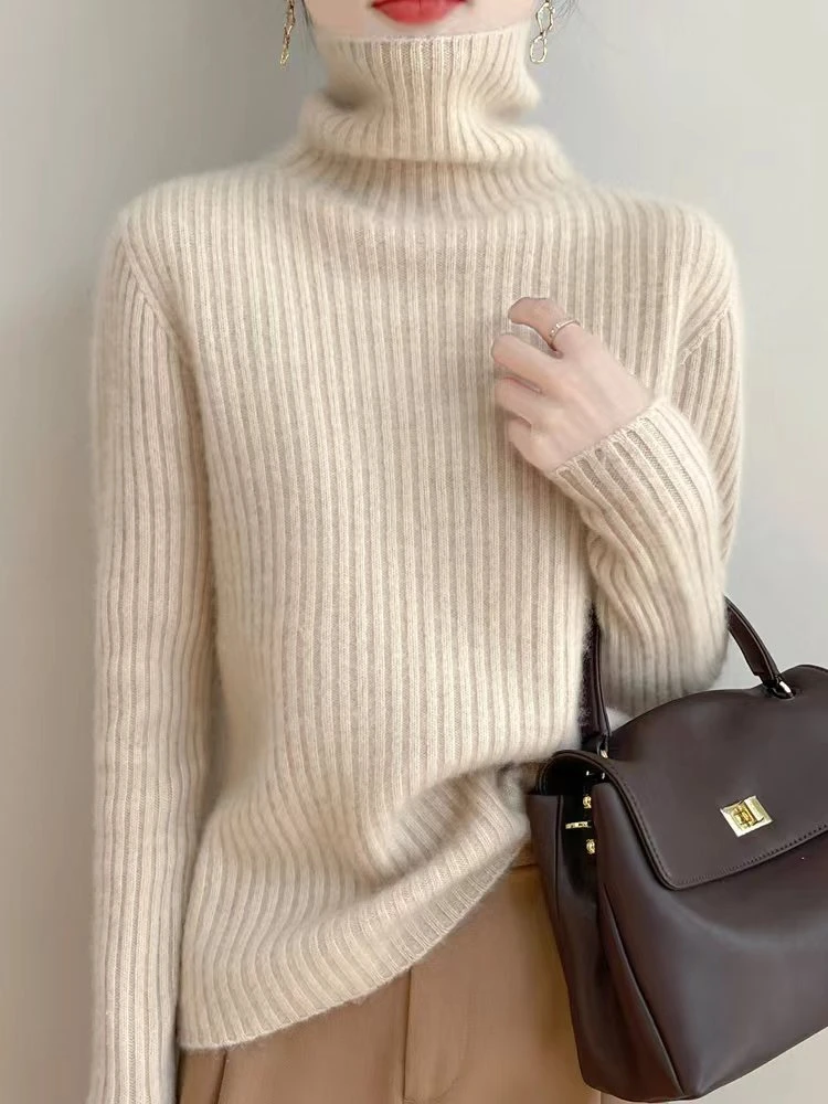 秋冬新款一线成衣加厚高领抽条羊毛打底针织衫百搭减龄毛衣