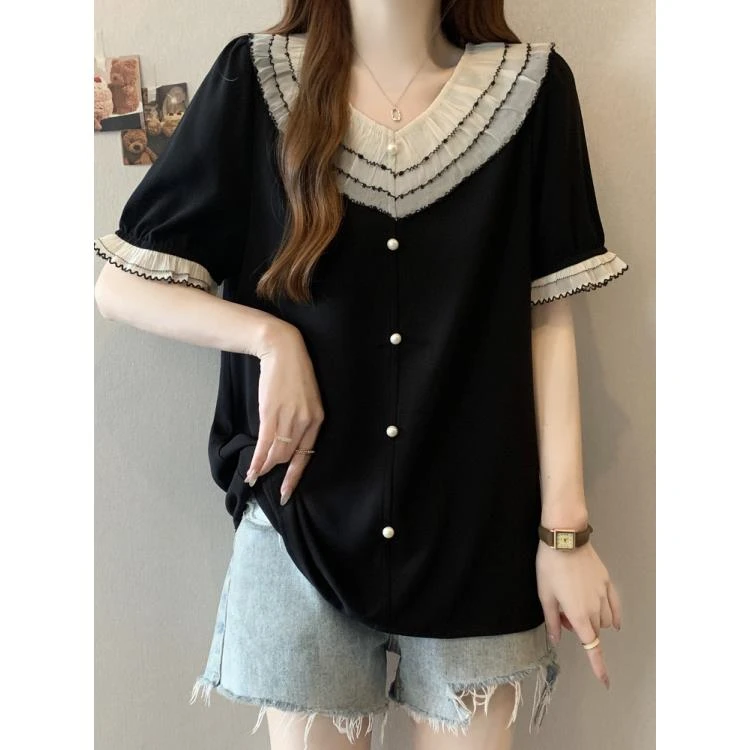 韩系荷叶边拼接V领短袖衬衫女2025夏季新款设计感小众百搭上衣