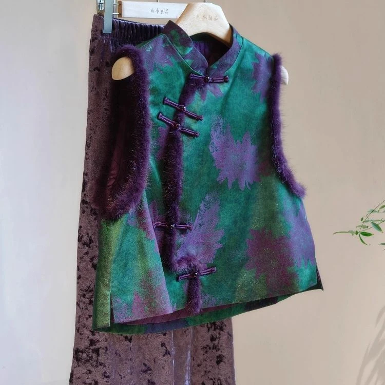 冬季拼接刺绣圆领女V领提花马夹马甲唐装中国风