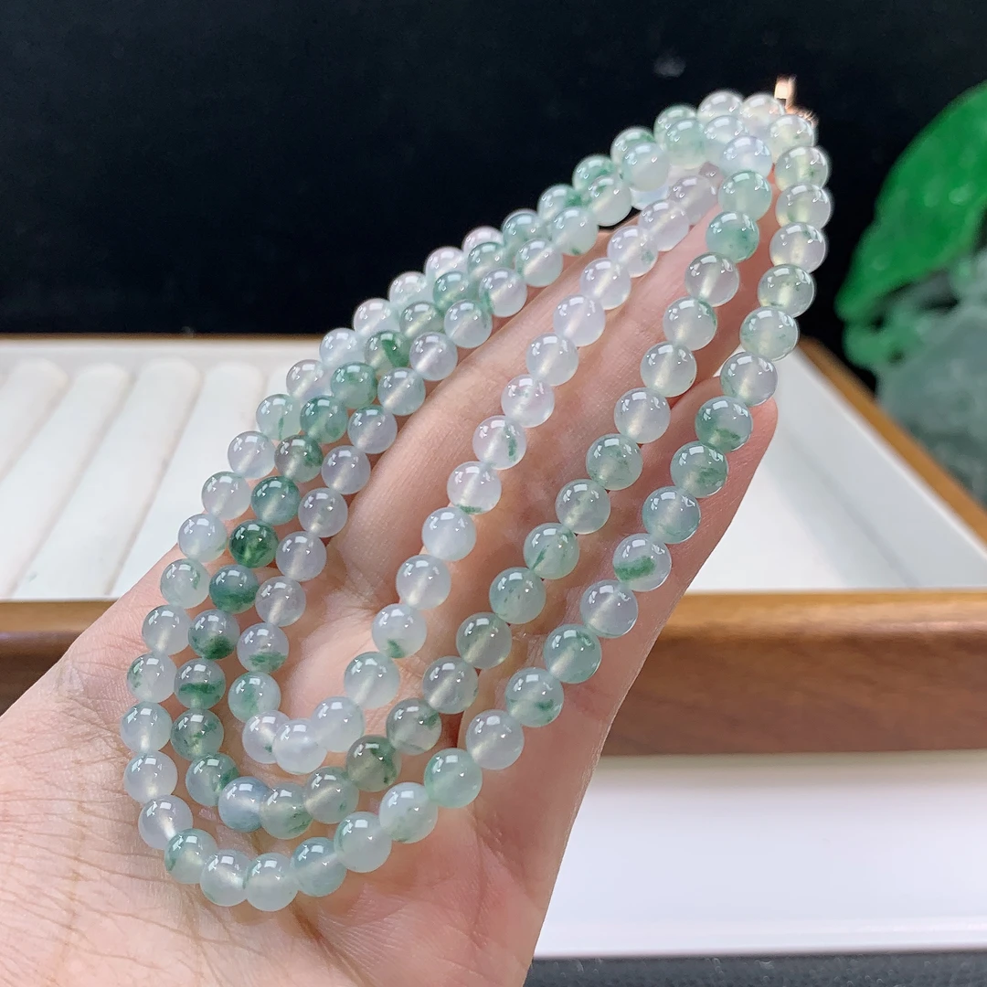 3.14-19-缅甸天然翡翠A货 女款飘花项链尺寸:6mm 116颗粒