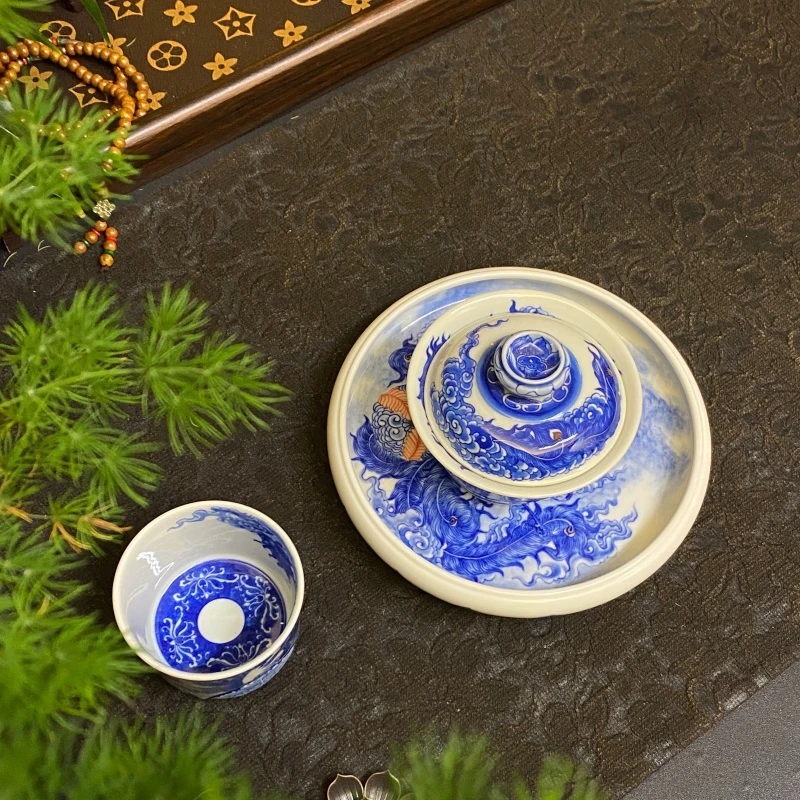 【四悦茶陶】仿清青花凤纹系列 景德镇茶具手工手绘