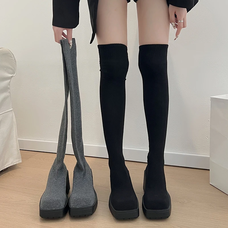 复古网红过膝长粗跟厚底筒靴女2025新款春秋百搭爆款增高瘦瘦靴子