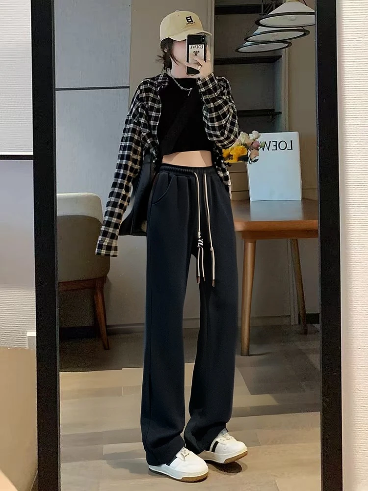 YH-63904大码女装2025秋冬新款显瘦休闲阔腿裤高腰抽绳直筒长裤