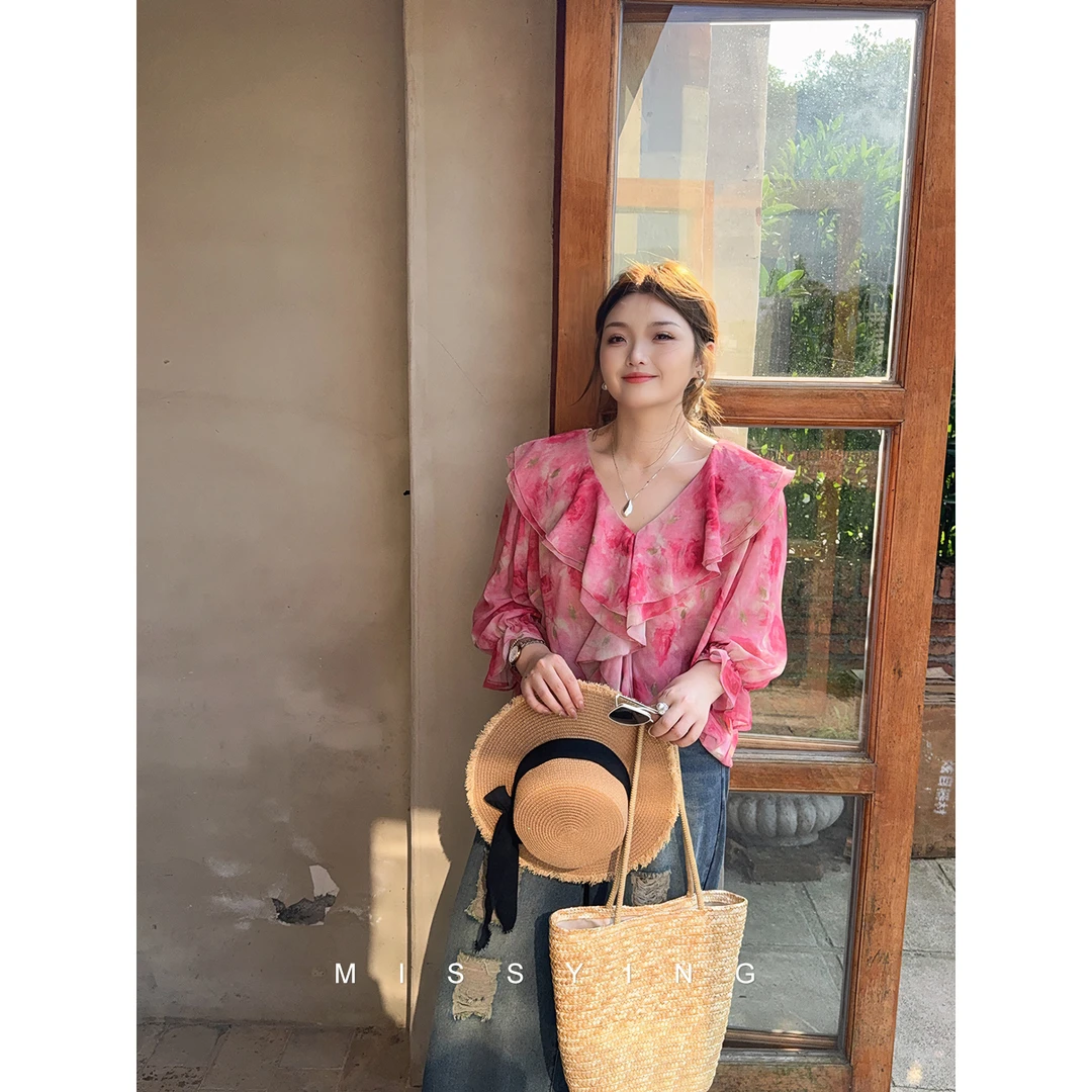 应小姐【藤本玫瑰】微胖大码女装夏季韩系气质显瘦百搭宽松玫瑰小衫