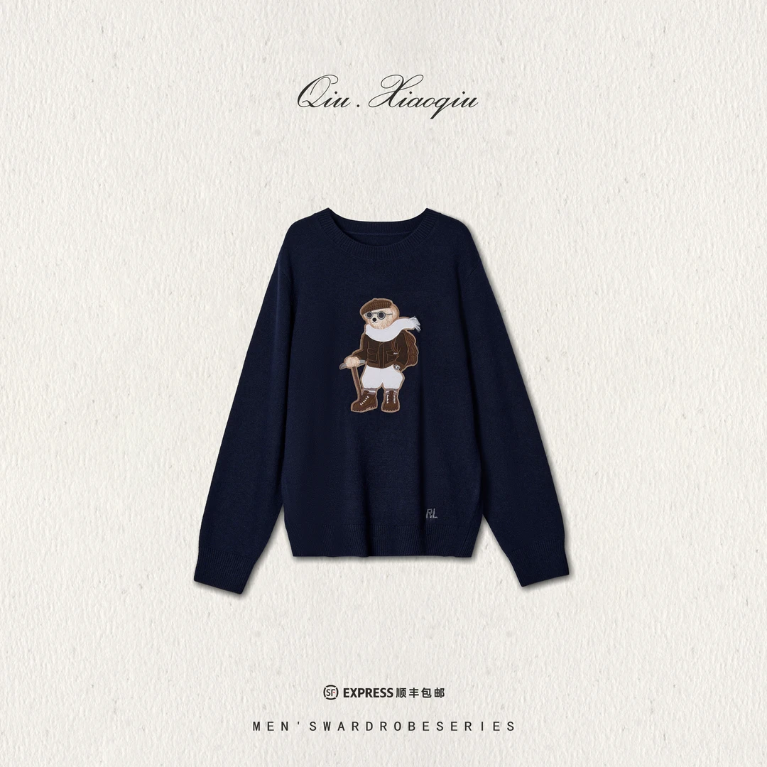 【QIUXIAOQIU】小熊刺绣圆领针织衫毛衣羊毛羊绒长袖休闲男女同款