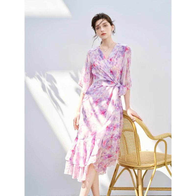 纤纤家 风絮 2025春夏紫色印花6A真丝桑蚕丝连衣裙浪漫度假裹身裙