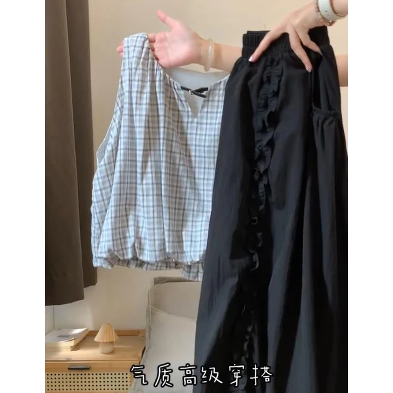夏季一整套ootd穿搭韩系复古格子背心吊带女高腰显瘦半身裙子套装