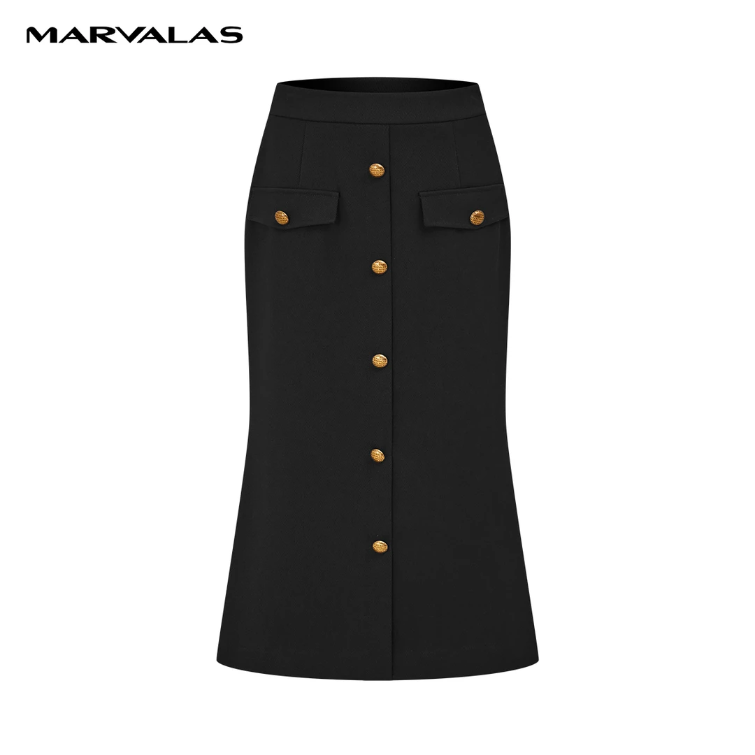 【珊珊专属】曼德诗黑色自然腰半身裙2024春秋新款纯色气质包臀裙