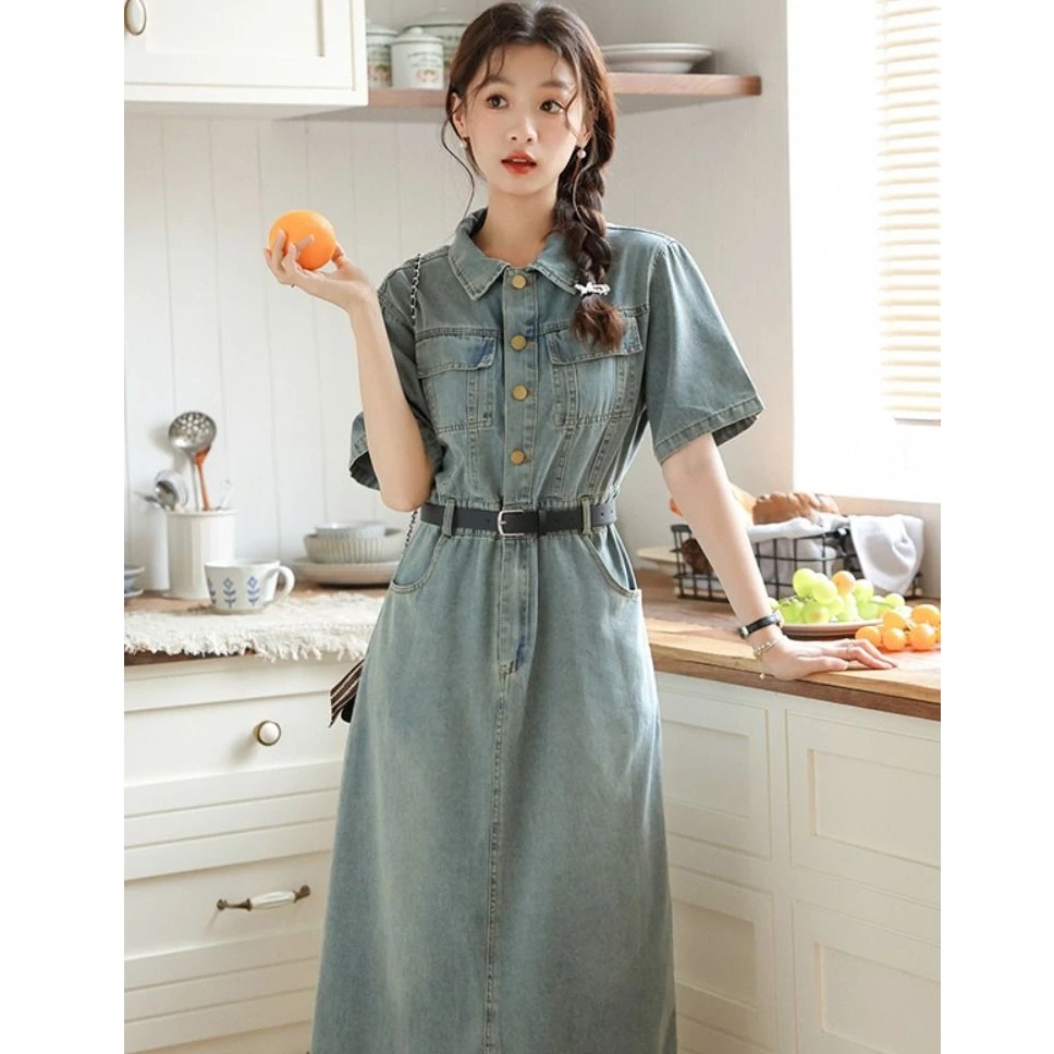 小清新韩系学院风减龄气质连衣裙女夏季新款小清新牛仔裙别致长裙