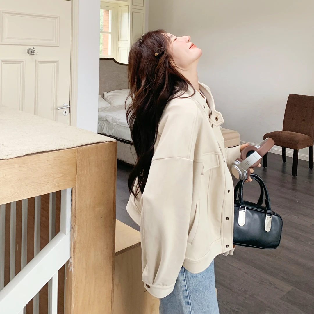 米白色麂皮绒休闲短外套女2025年春季新款小个子洋气立领工装夹克