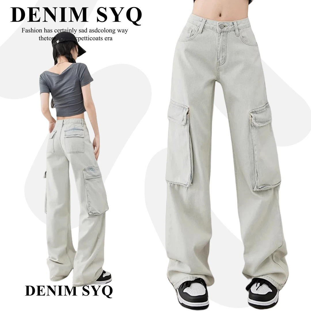 多口袋工装裤女2025新款春季牛仔裤女美式高腰直筒宽松阔腿裤子