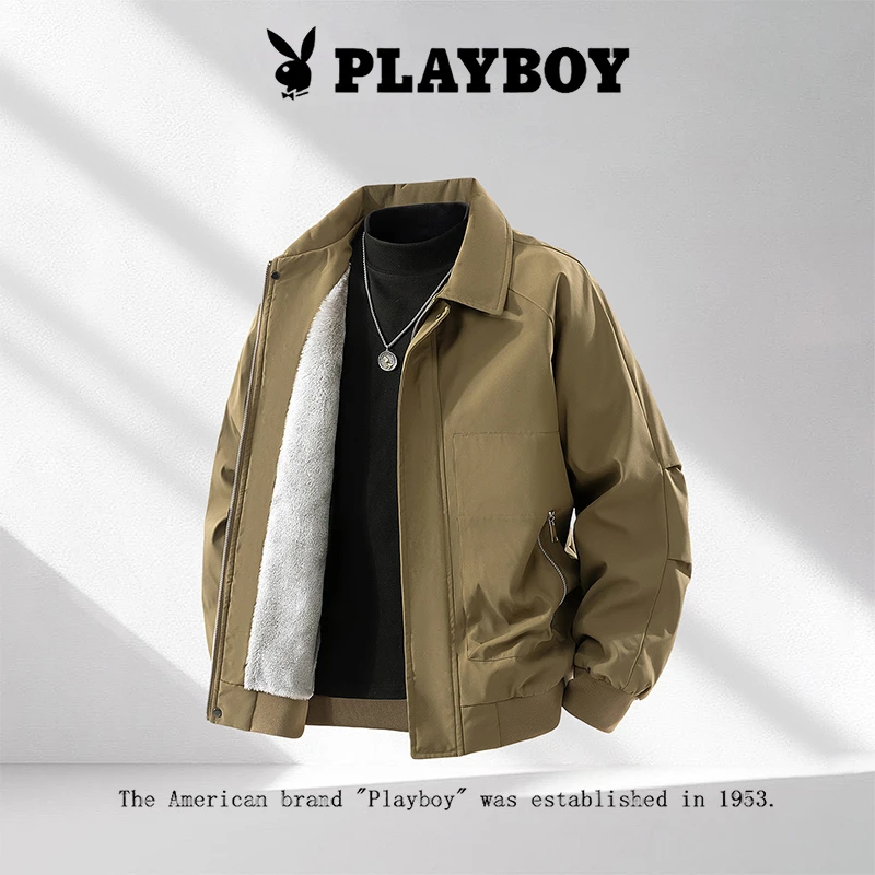 花花公子美式翻领飞行夹克男士冬季加绒保暖外套纯色百搭宽松上衣