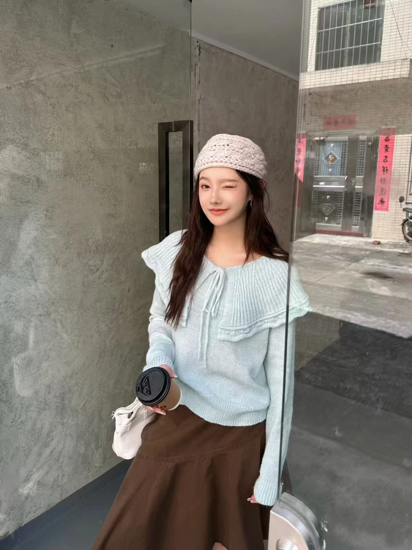 秋冬季韩版温柔风盐系长袖套头大翻领系带设计感慵懒毛衣针织衫女