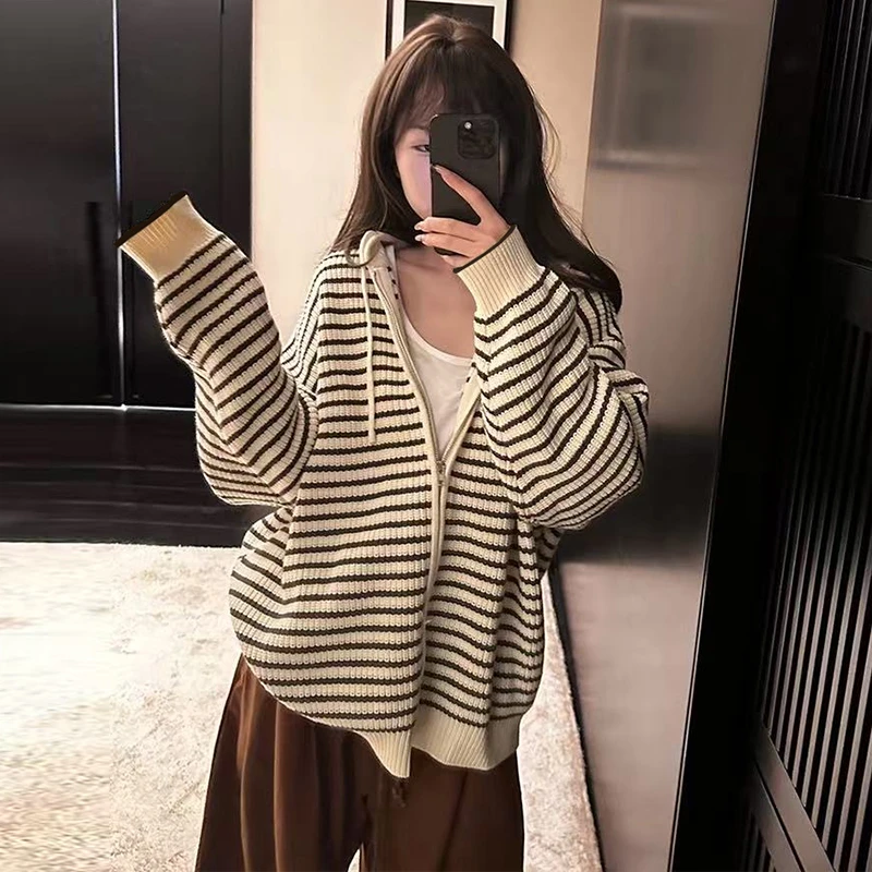 韩版宽松百搭针织衫女2025年秋冬新款抽绳连帽条纹开衫上衣外套