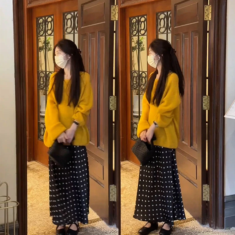 时尚百搭休闲小个子套装女2025早秋新款针织上衣波点半身裙两件套