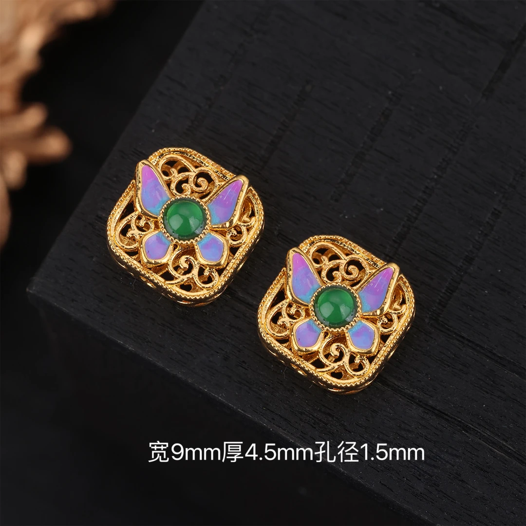 【来福工厂】18k金烧蓝紫色天然缅A翡蝴蝶方块蛋面隔珠DIY配饰