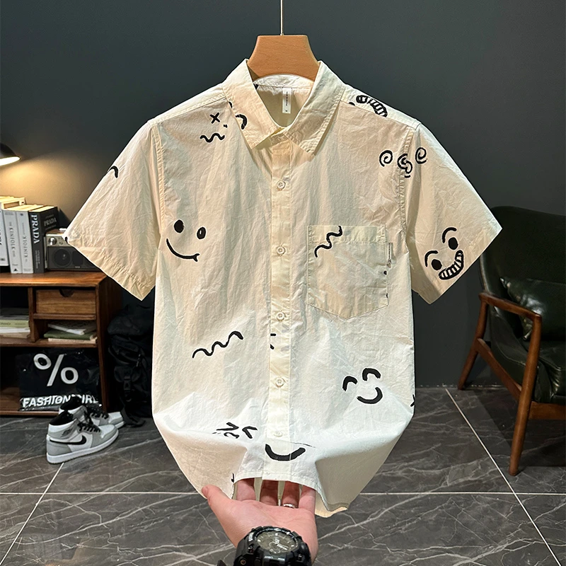 轻奢日系潮流卡通印花短袖衬衫男士时尚百搭文艺休闲舒适宽松衬衣