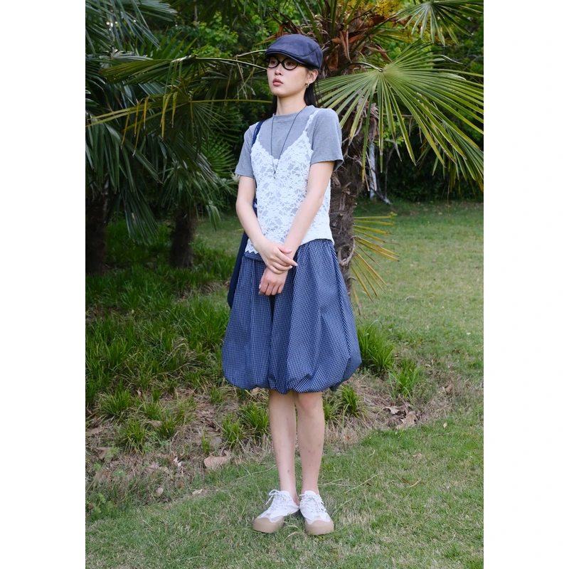 百武西“软糖星球”法式文艺蕾丝花边吊带宽松短袖T恤两件套8714