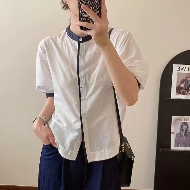 52602撞色圆领衬衫短袖时尚百搭通勤休闲夏季女