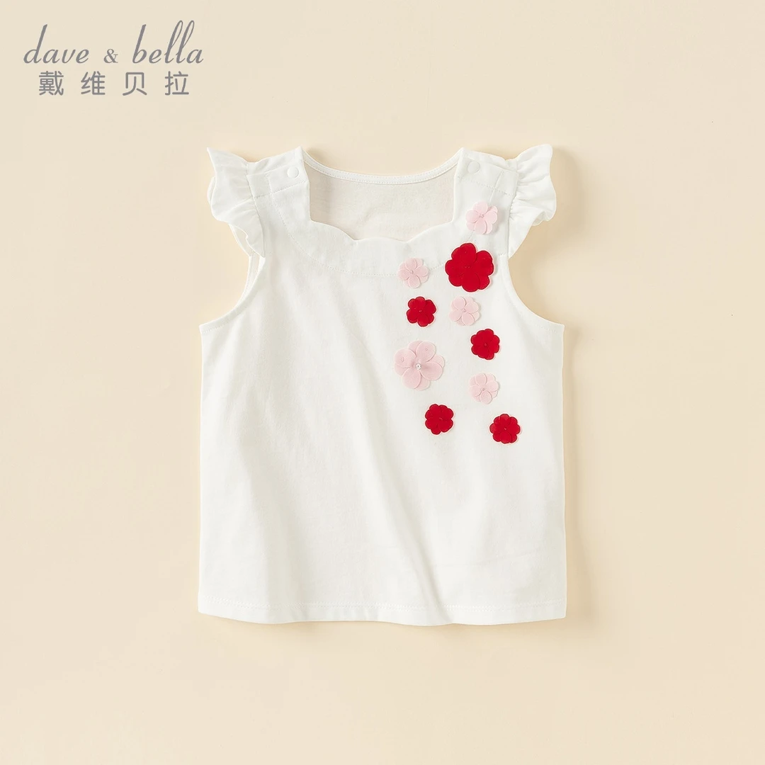 戴维贝拉女童T恤2025洋气夏装女宝纯棉短袖花朵飞袖上衣DB2243451