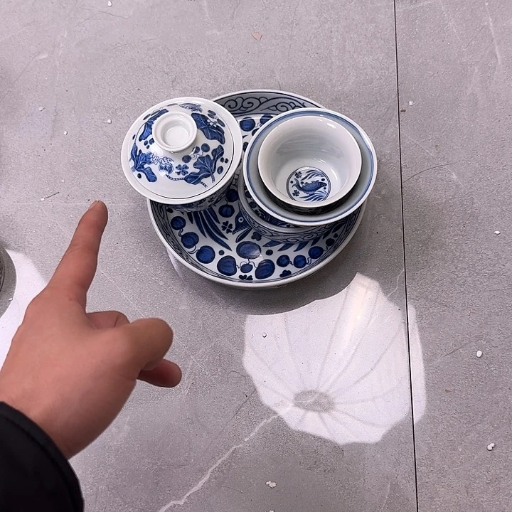 杯青花鱼藻纹五件套
