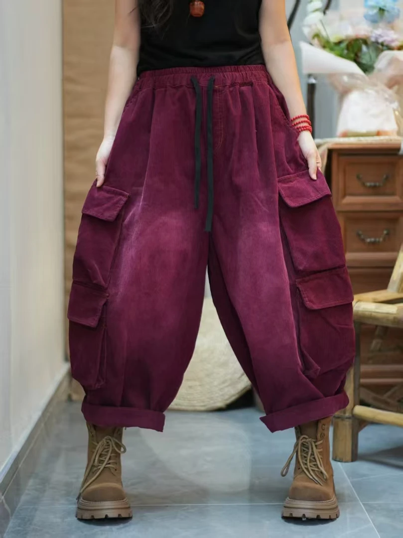 时尚新款宽松大码灯芯绒休闲裤女多口袋百搭显瘦直筒裤