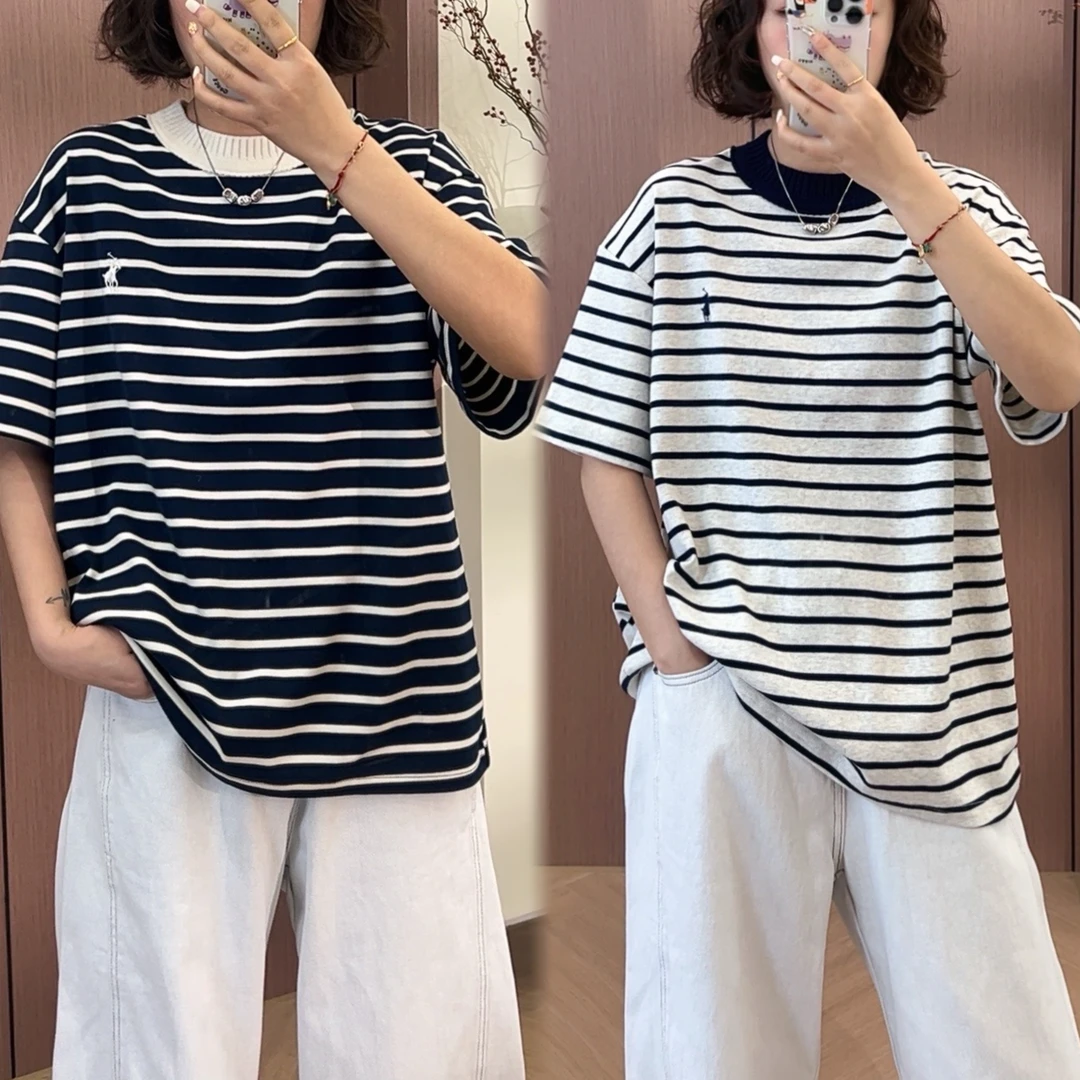 文艺条纹短袖T恤女夏季2025新款显瘦圆领宽松百搭条纹t恤女