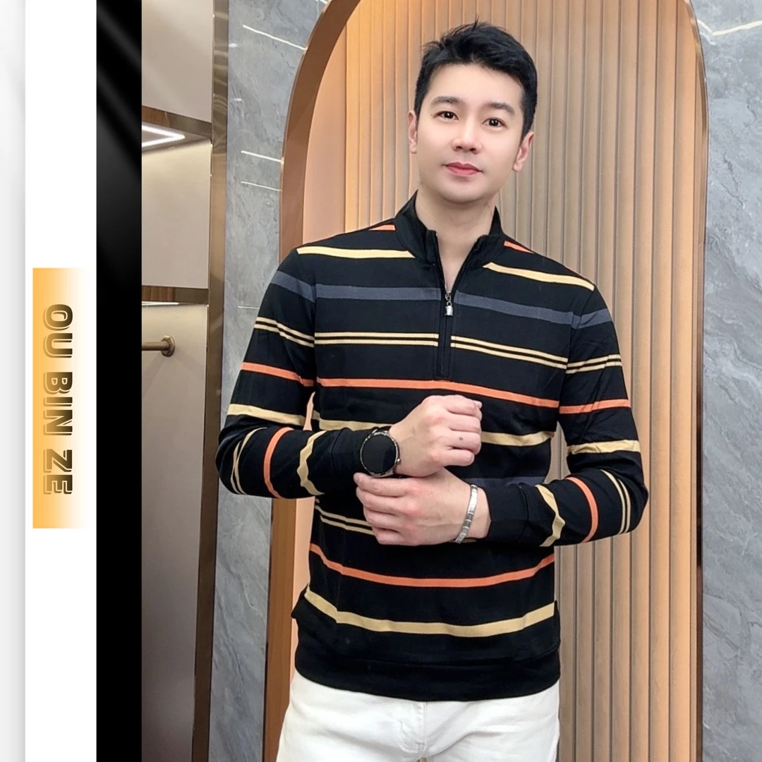 清  欧彬泽【】2024男士秋季翻领高领休闲半拉链条纹长袖卫衣3108