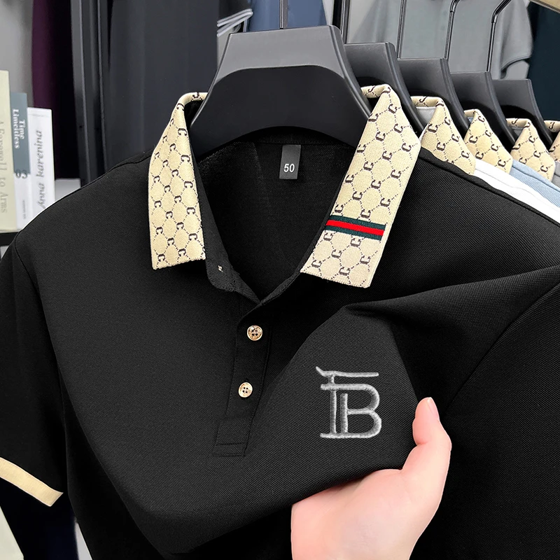 【万针刺绣】欧洲站轻奢男士夏季新款高档桑蚕丝透气翻领短袖POLO衫