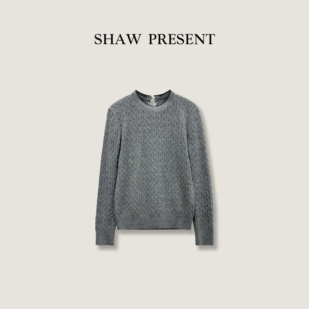 《S-P》穿梭* 100%羊毛 绞花坑条罗纹 钉珠圆领针织衫CF-SC2398