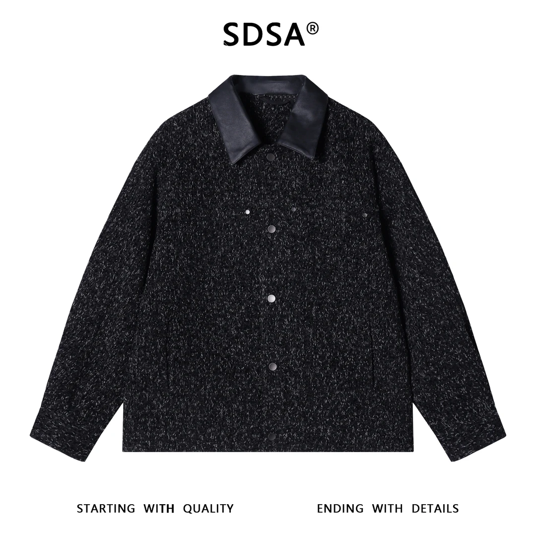 SDSA男士秋冬新款痞帅男装韩版小香风拼皮翻领夹克外套宽松百搭