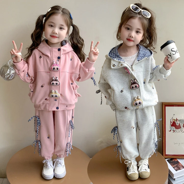 女童套装2025秋季新款洋气可爱宝宝韩版卡通连帽上衣两件套