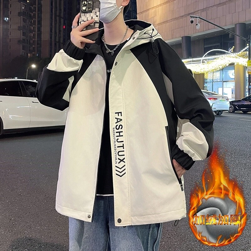 秋冬季新款潮牌加绒保暖夹克连帽外套帅气韩版百搭加厚潮流青少年