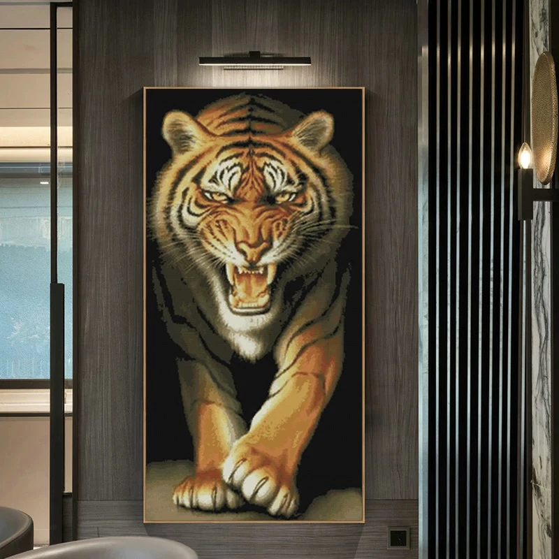 大格纯手工绣好的十字绣高级感成品533万兽之王老虎客厅挂画
