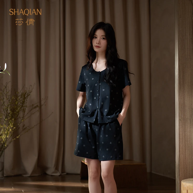 莎倩夏季短袖带胸垫睡衣女士2025年新款凉感莫代尔棉可外穿家居服